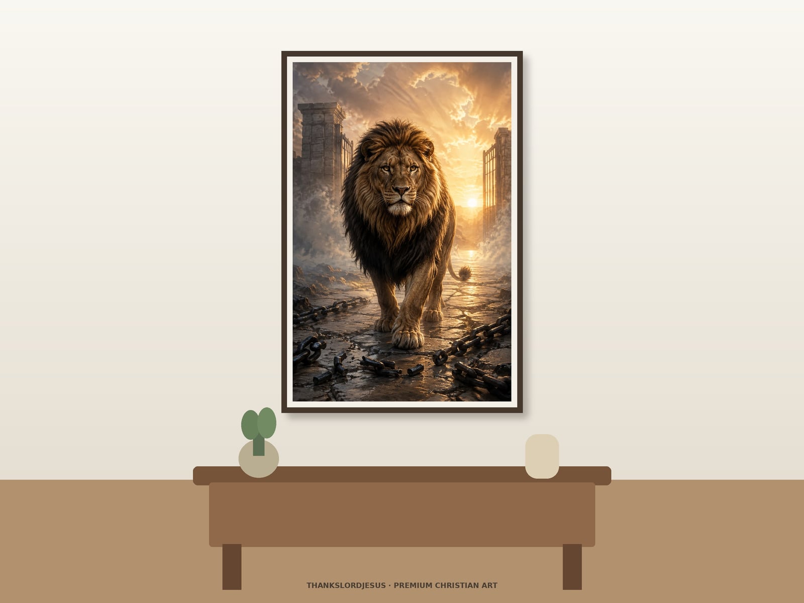 Lion of Victory with Broken Chains — Lion of Judah Wall Art Neutral hero mockup for Lion of Victory with Broken Chains, with the framed painting showing a victorious lion walking through open ancient gates with broken iron chains across the stone path and sunrise light behind him as the main focus.
