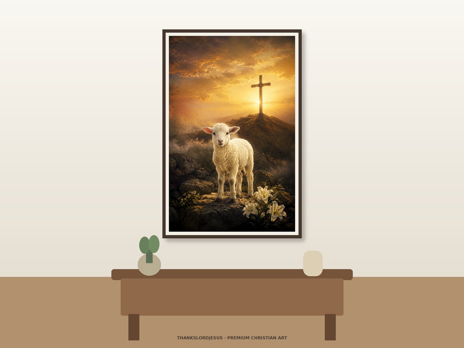 Neutral hero mockup for Lamb of God and the Cross, with the framed painting showing one white lamb standing on a rocky height before an empty cross and a radiant golden sky as the main focus.