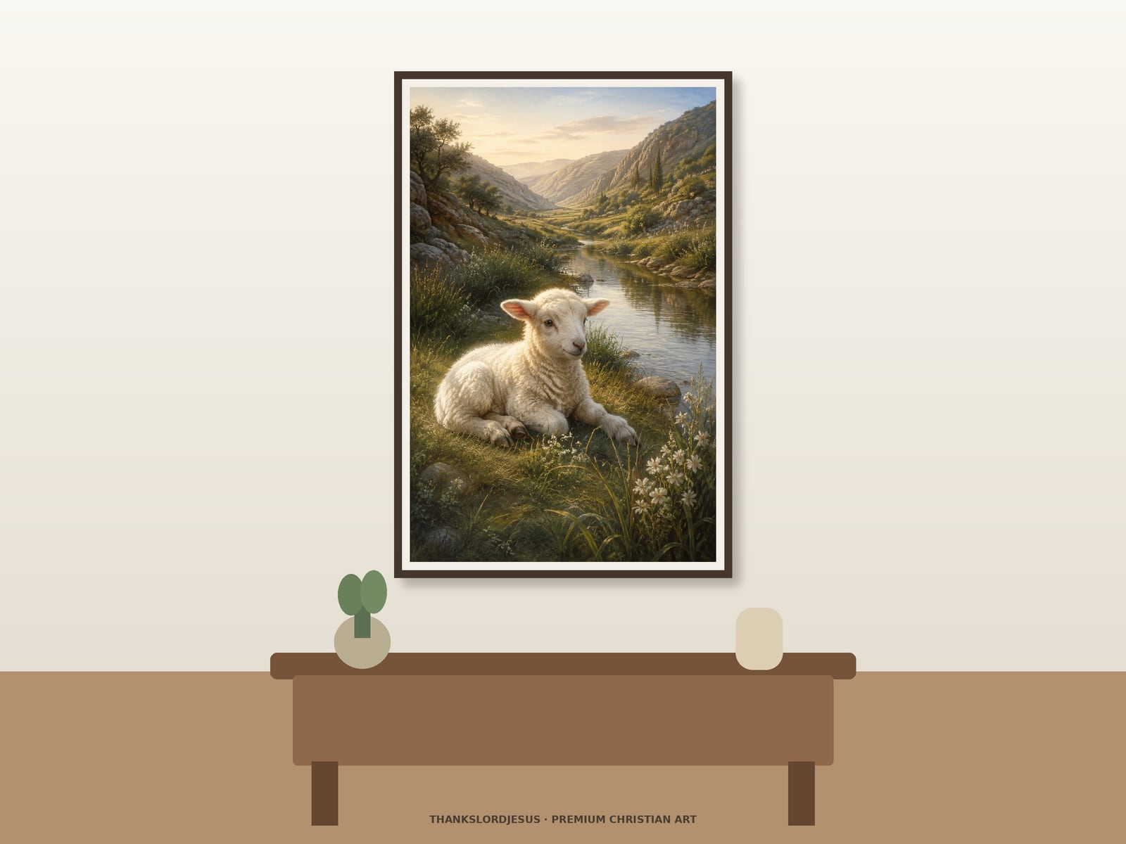 Lamb Beside Still Waters — Lamb of God Wall Art Neutral hero mockup for Lamb Beside Still Waters, with the framed painting showing one young white lamb resting beside a perfectly calm stream in a sheltered valley filled with reeds and small flowers as the main focus.