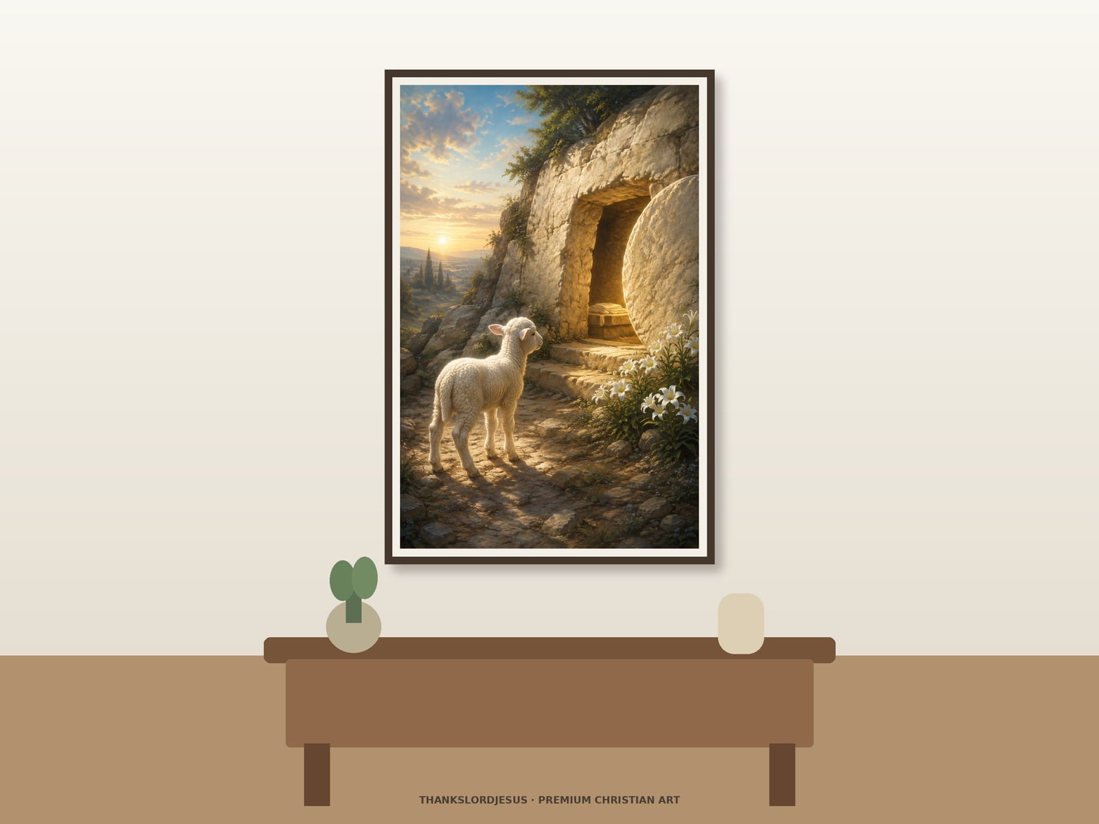Neutral hero mockup for Lamb and the Empty Tomb, with the framed painting showing one white lamb approaching an open rock-hewn tomb at sunrise with the stone rolled aside, folded linen, and white lilies as the main focus.