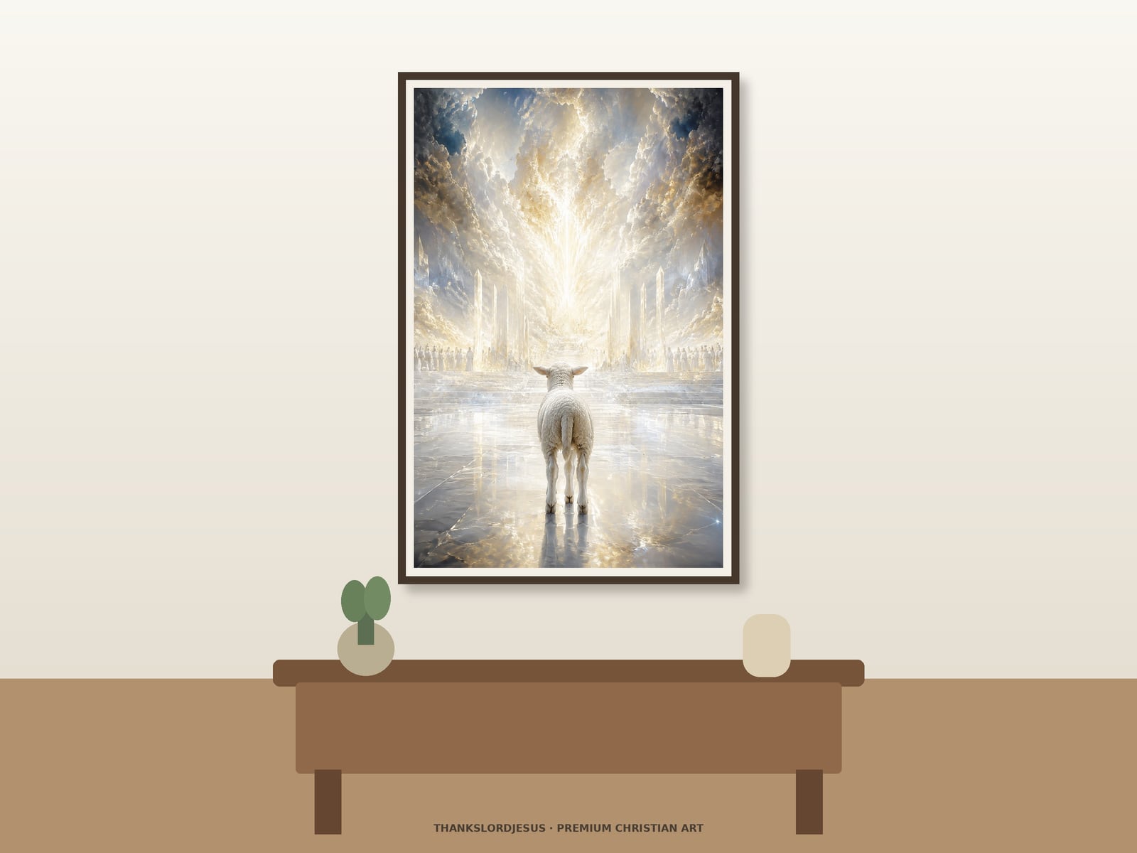 Neutral hero mockup for Lamb Before the Throne Light, with the framed painting showing one white lamb viewed from behind on a luminous glass-like plain before immense cloud, crystal, and white-gold throne light as the main focus.
