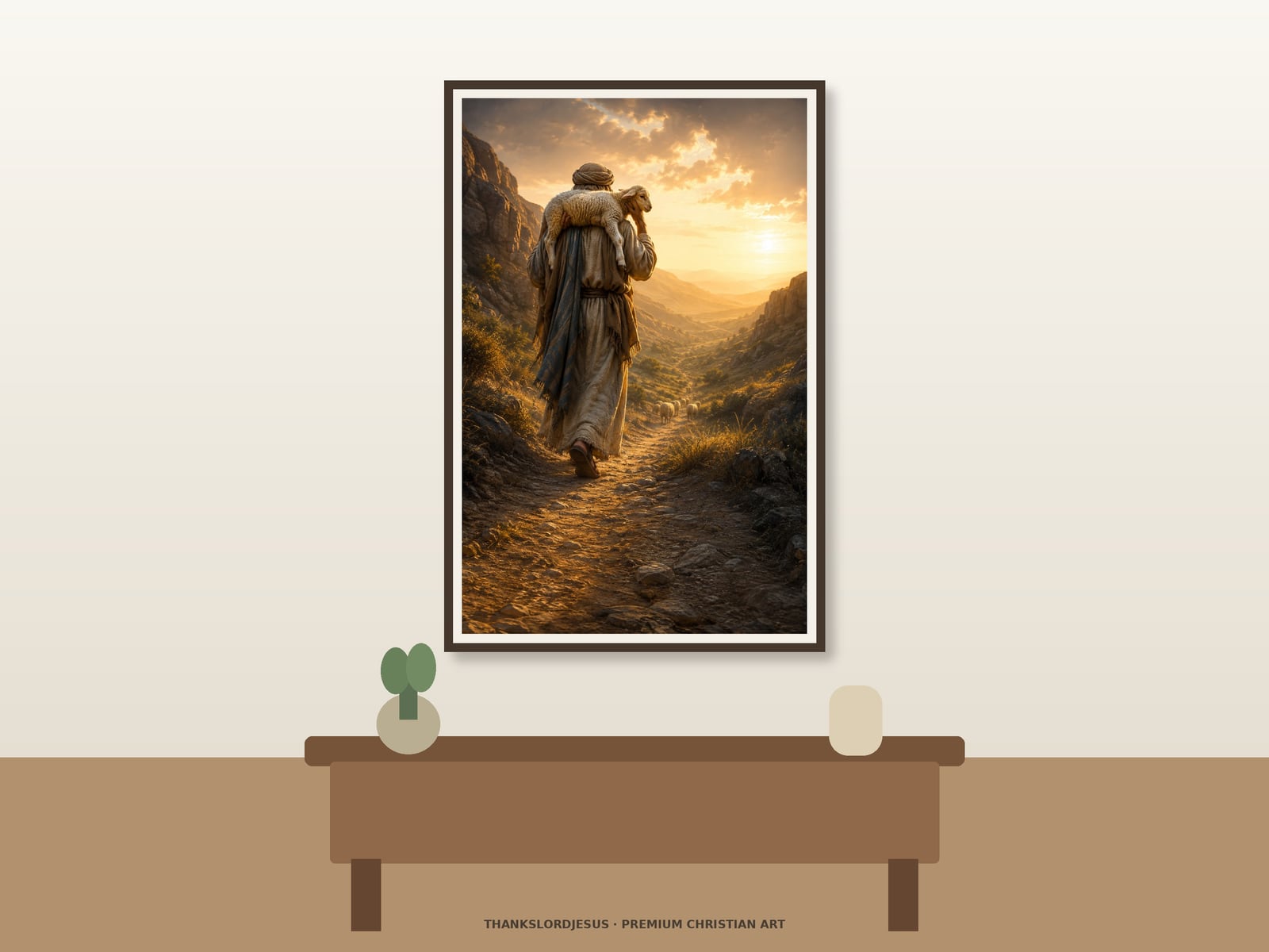 Neutral hero mockup for Shepherd's Lamb in the Valley, with the framed painting showing a biblical shepherd shown strictly from behind carrying one rescued lamb safely across his shoulders down a golden valley path as the main focus.