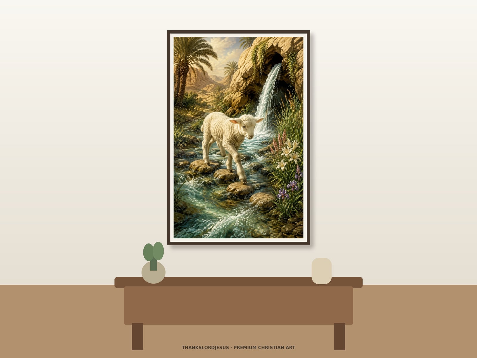 Neutral hero mockup for Lamb and Living Water, with the framed painting showing one white lamb stepping across stones beside a radiant spring pouring from ancient desert rock and bringing flowers to life as the main focus.