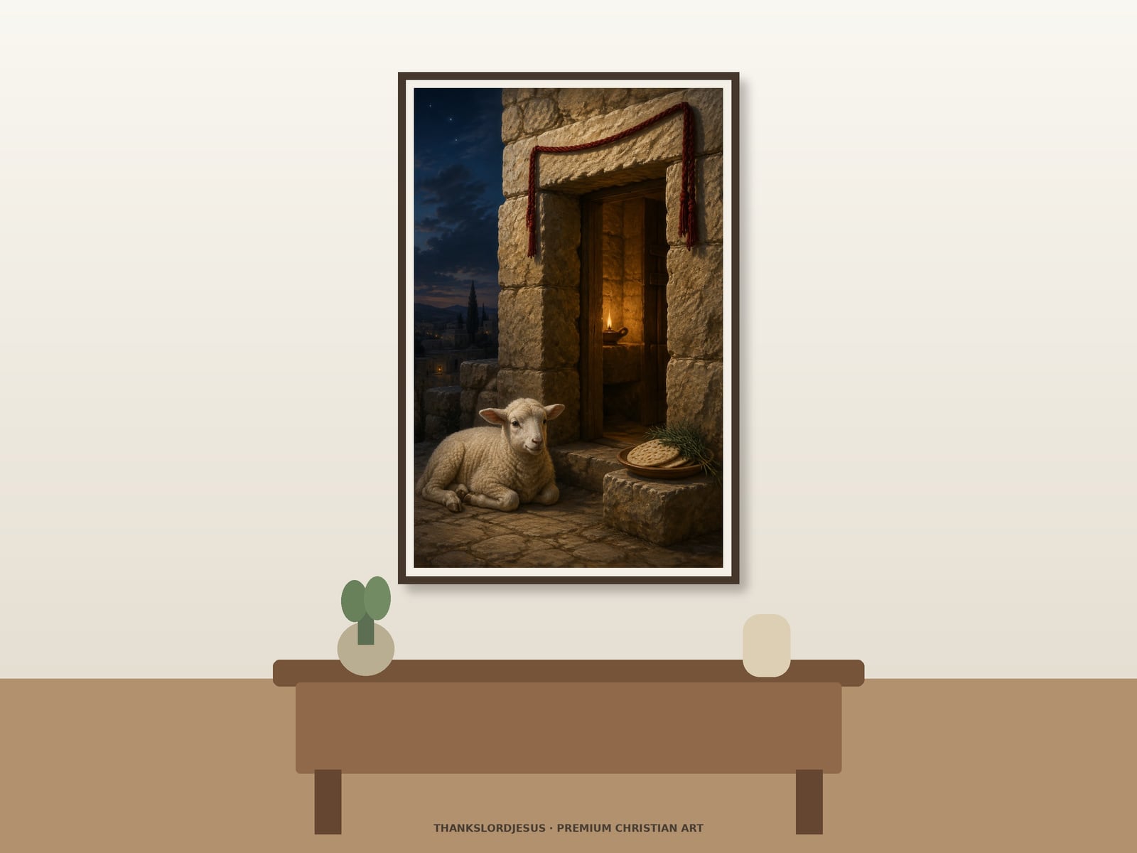 Neutral hero mockup for Passover Lamb Symbolism, with the framed painting showing one calm white lamb resting beside an ancient Hebrew doorway with a red woven cord, unleavened bread, hyssop, and warm lamplight as the main focus.