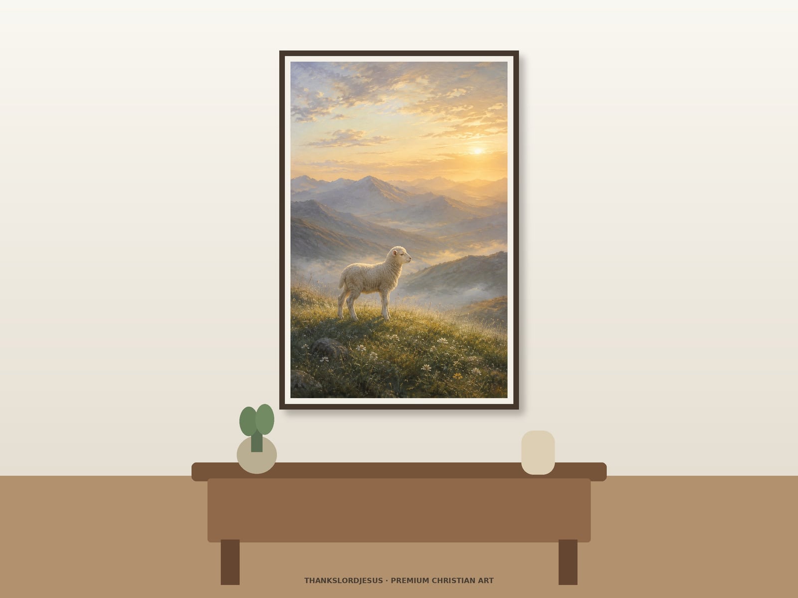 Neutral hero mockup for Lamb at Golden Dawn, with the framed painting showing one white lamb standing in quiet side profile on a dew-covered wildflower hill beneath an expansive golden dawn sky as the main focus.