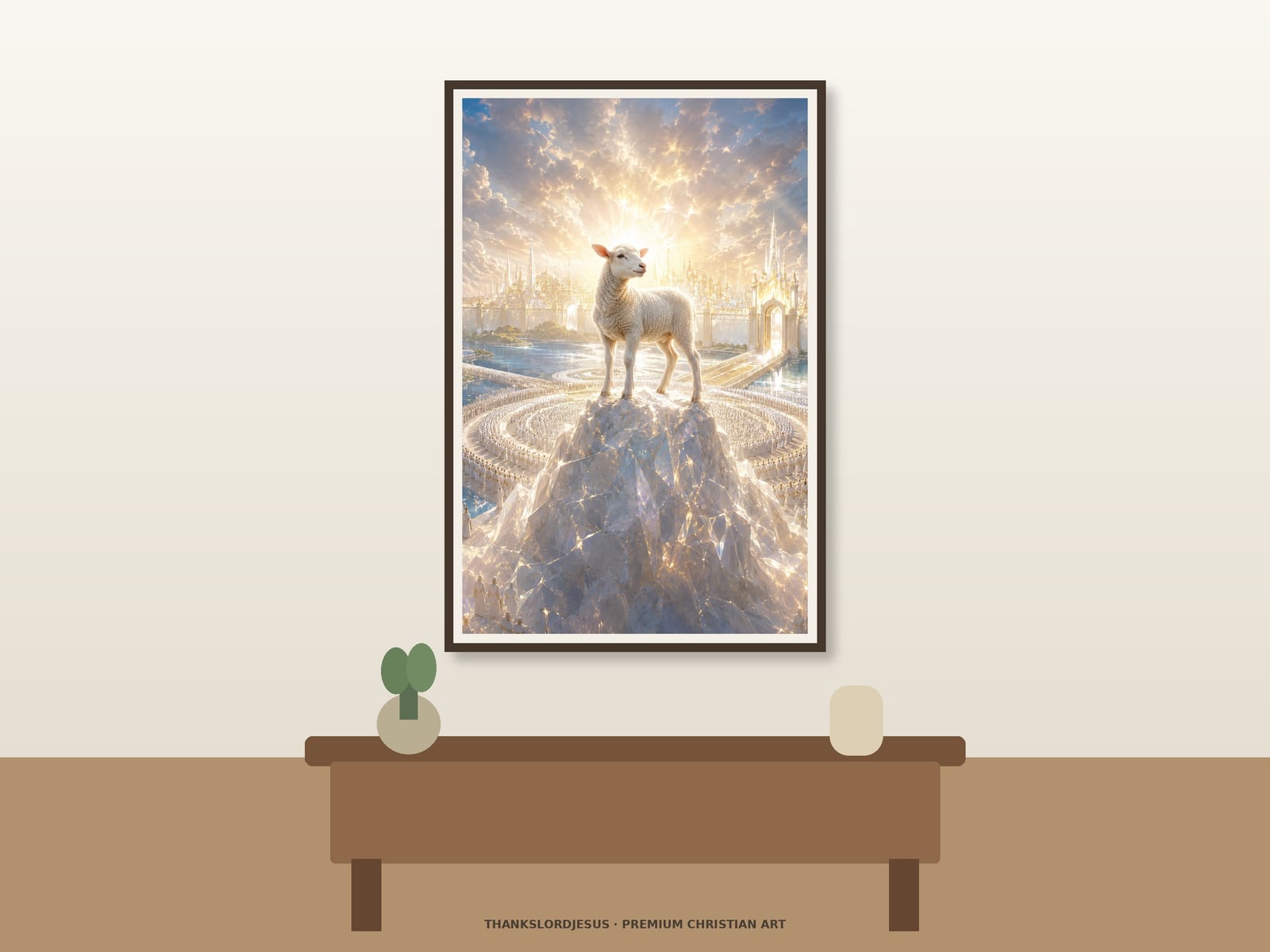 Neutral hero mockup for Worthy Is the Lamb Revelation Glory, with the framed painting showing one radiant white lamb above living water, pearl-like gates, and distant worshipful multitudes as the main focus.