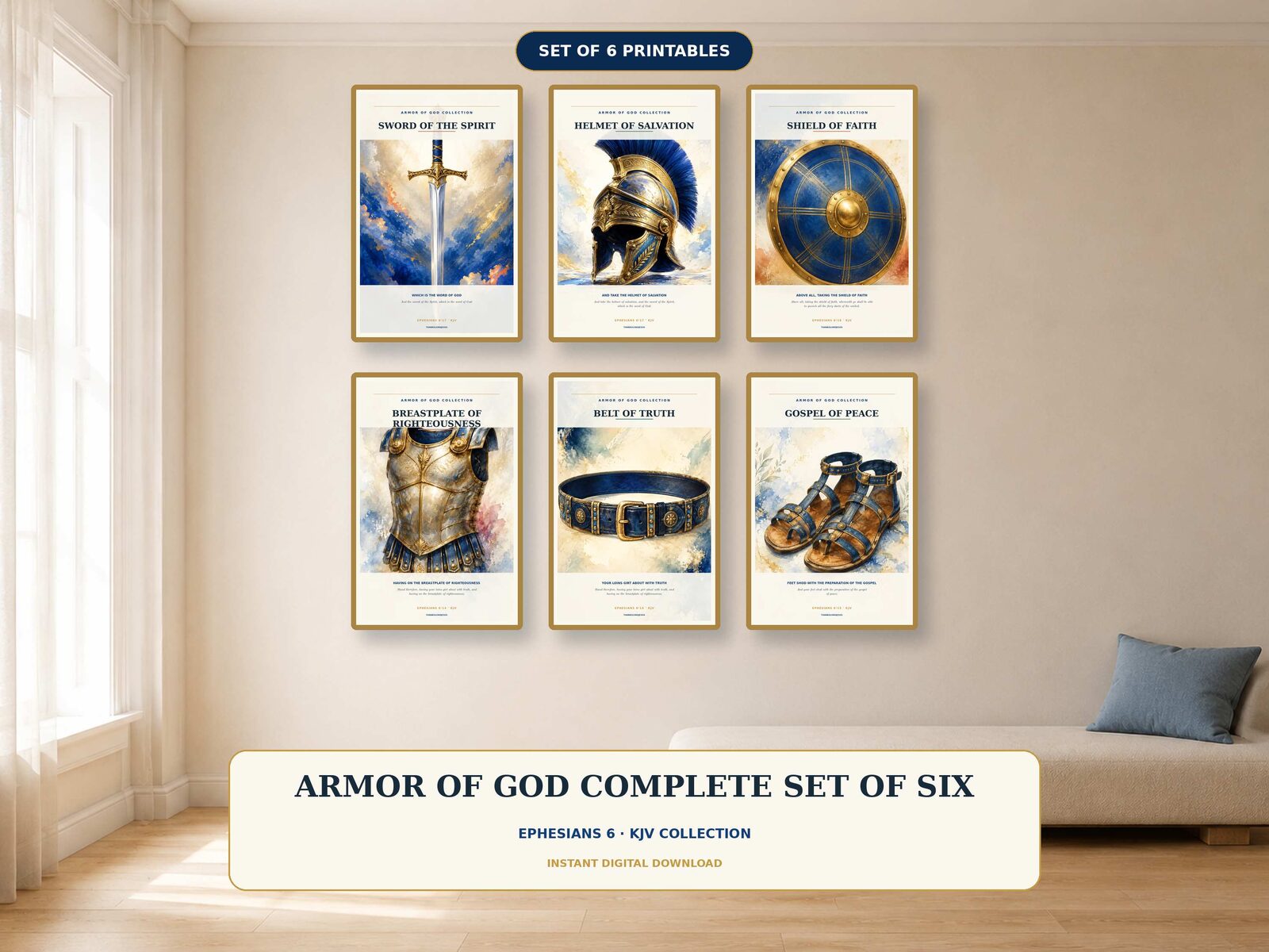 Armor of God printable wall art complete set with six framed Ephesians 6 designs