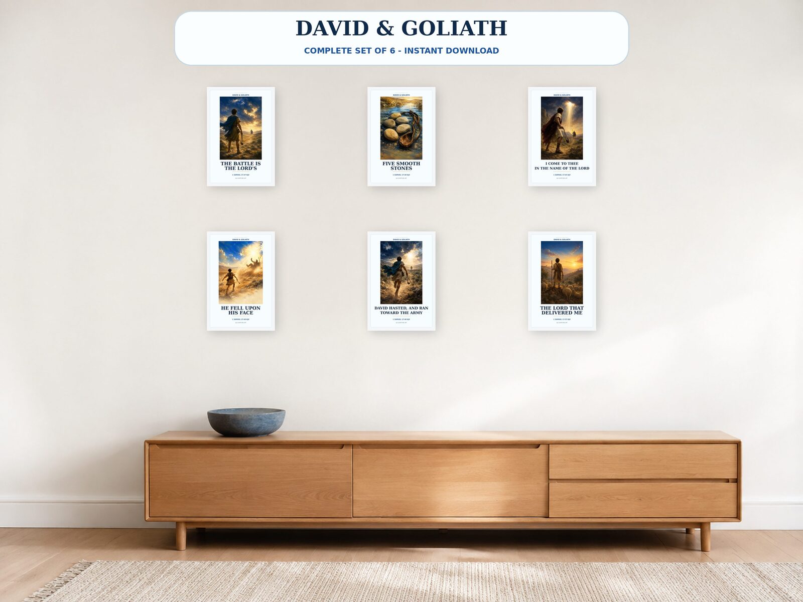 David and Goliath printable Bible wall art complete set of six cinematic designs