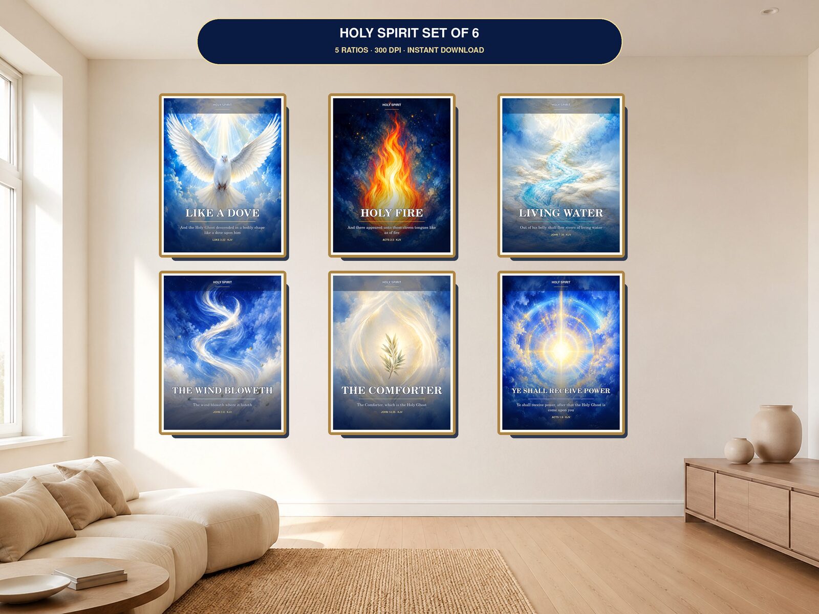 Holy Spirit printable wall art set with dove, fire, wind, living water, comforter, and power designs
