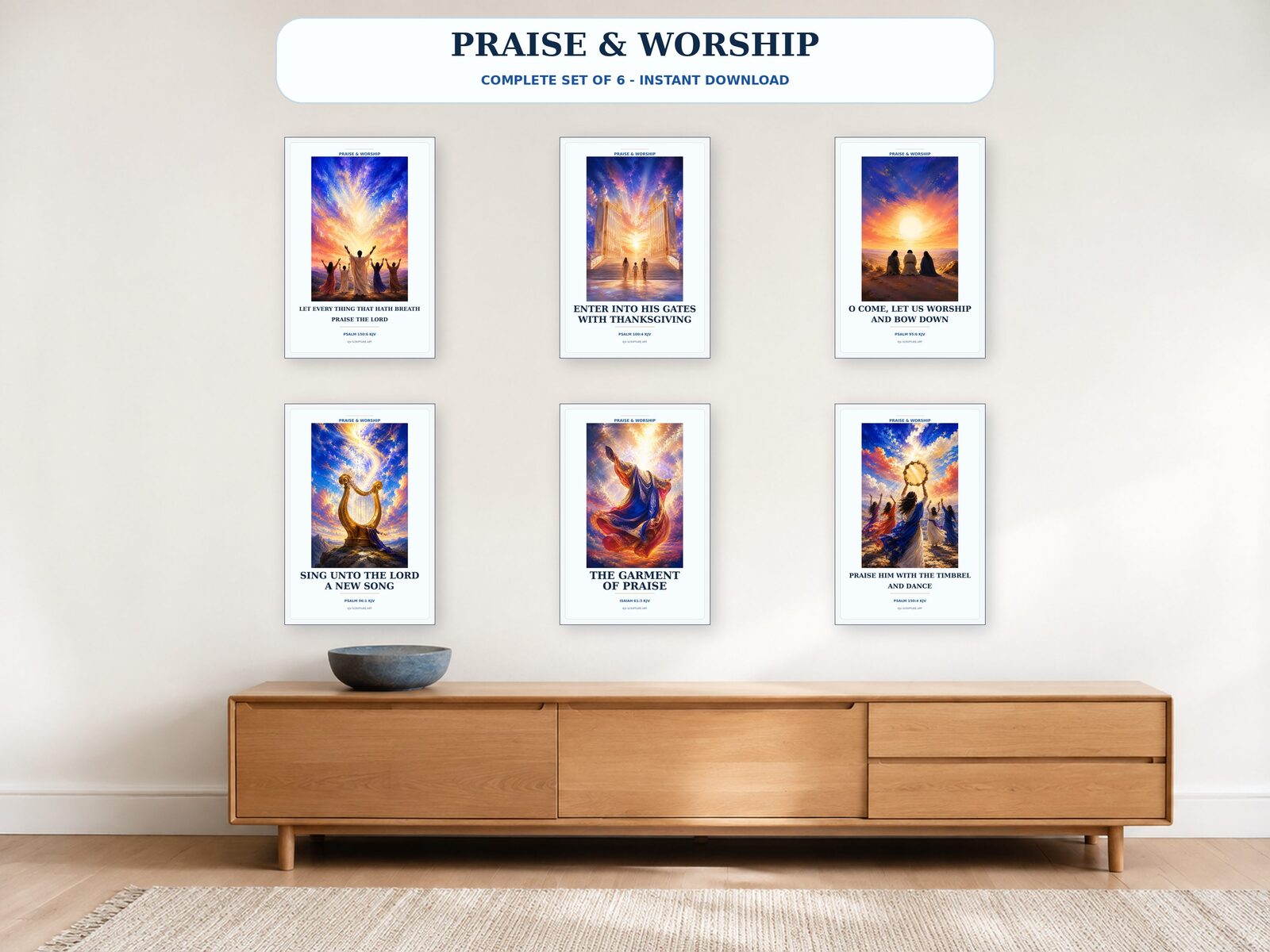 Praise and Worship complete set of six vibrant blue coral and gold printable Bible art designs