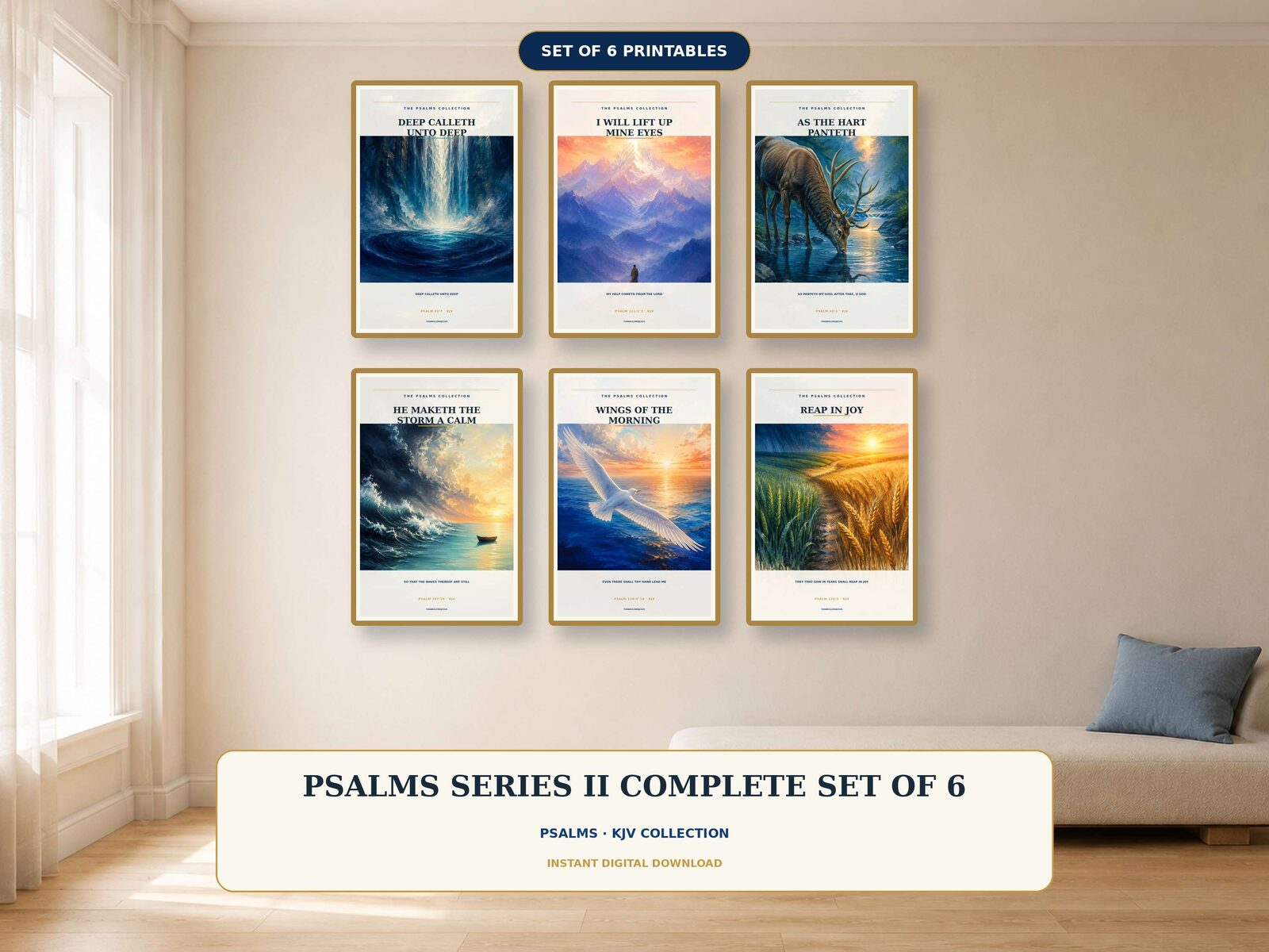 Six colorful Psalms printable wall art designs arranged as a gallery wall